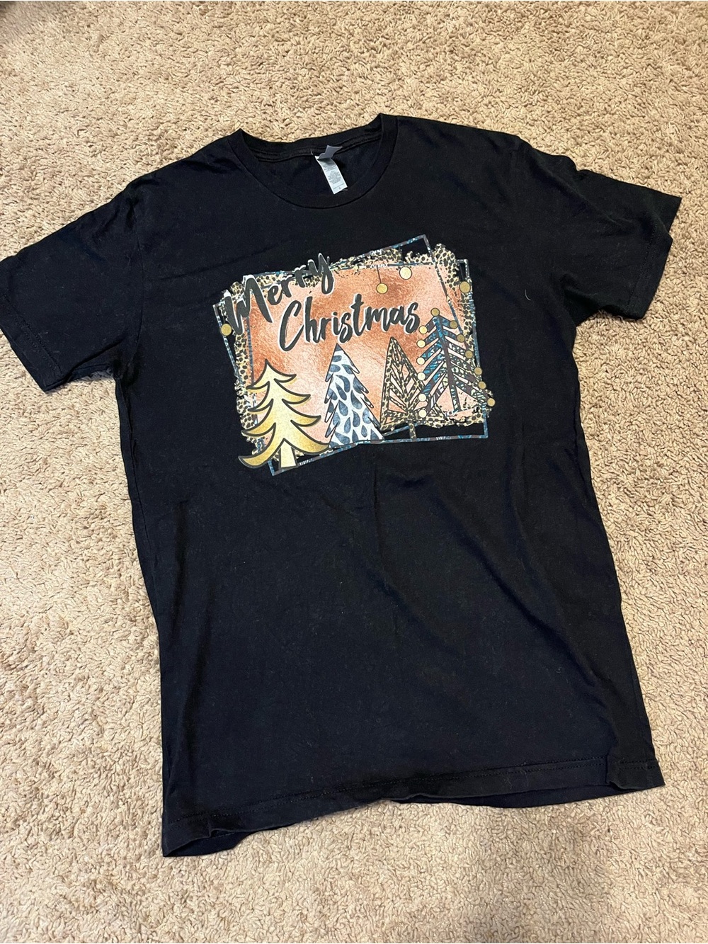 Next Level Apparel Black 'Merry Christmas' Graphic Tee with Multicolor Trees